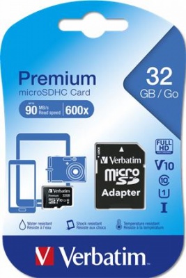 Pamäťová karta, microSDHC, 32GB, CL10/U1, 90/10 MB/s, s adaptérom, VERBATIM "Premium"