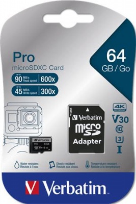 Pamäťová karta, microSDXC, 64 GB, CL10/U3, 90/45 MB/s, s adaptérom, VERBATIM "PRO"