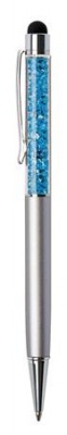 Guľôčkové pero, strieborné, vrch plnený aqua modrým SWAROVSKI® krištáľom, dotykové, 14 cm, ART CRYSTELLA®